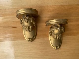 Pair Vintage Antique French Louis Gilt Wood Putti Wall Sconces Angels Italian