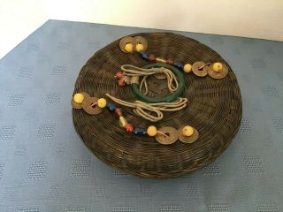Vintage Chinese Hand - Woven Sewing Basket With Lid & Old Coins Beads Ring 8 "