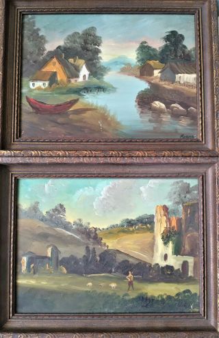 Set Of 2 Framed Vintage Landscape Paintings Art By Baena Pasture Water