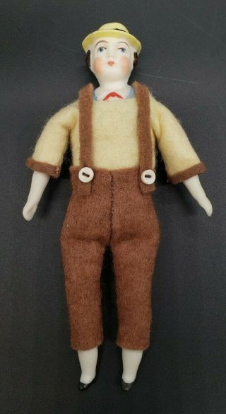 Antique German Bisque Dollhouse Doll Male Father Man Cloth Body