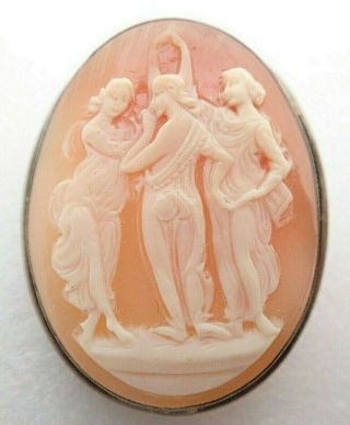 Antique 800 Silver Carved Cameo Shell 3 Three Graces Brooch Pin Necklace Pendant