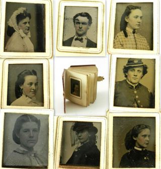 Antique Miniature 1.  5x1.  75 Tintype Photo Album W/16 Pics Civil War Soldier F01