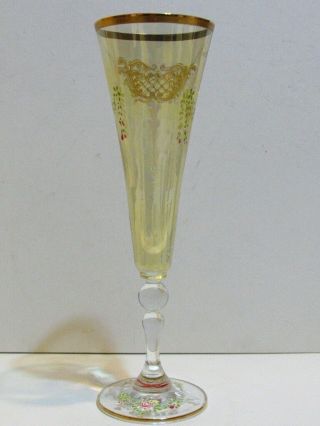 Antique Moser Fluted Champagne Glass Hand Painted Enameled Gilded Yellow Stem
