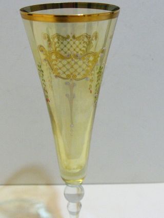 Antique MOSER Fluted Champagne Glass Hand Painted Enameled Gilded Yellow Stem 2