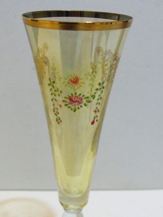 Antique MOSER Fluted Champagne Glass Hand Painted Enameled Gilded Yellow Stem 3
