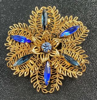 Vintage Brooch Pin 2.  5” Gold Tone Filigree Flower Blue Navette Rhinestones Lot2