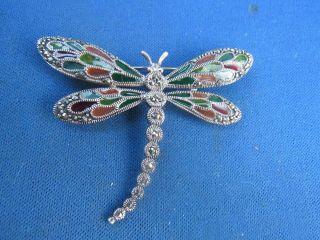 Vintage Sterling Silver Marcasite Inlay Stones Dragonfly Pin Brooche