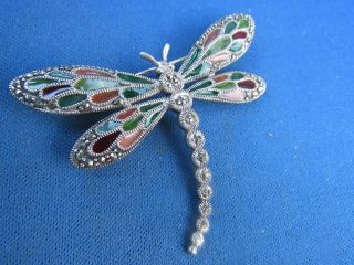 VINTAGE STERLING SILVER MARCASITE INLAY STONES DRAGONFLY PIN BROOCHE 2