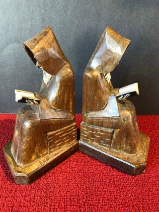 Vintage Hand Carved Wooden Hooded Monk Rosery Bookends