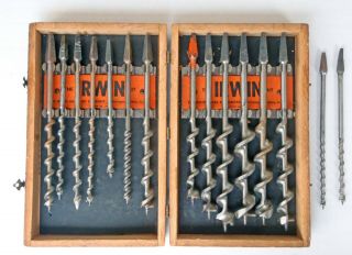 Antique Irwin Dm Complete Set Of 13,  Auger Drill Bits Vgc In Wooden Box