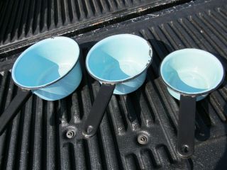3 Vintage Enamel Ware Pots Robin Egg Blue 3 Sizes Black Handles