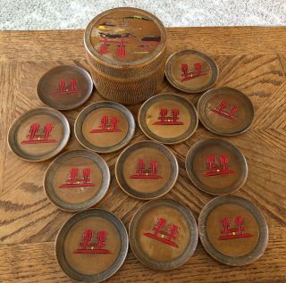 12vtg 60s Japanese Set Asian Wooden Handpainted Cocktail Drink Cocktail Coasters