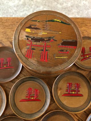 12Vtg 60s Japanese Set Asian Wooden Handpainted Cocktail Drink Cocktail Coasters 2