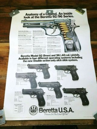 Vintage 1995 Beretta Poster 92/96 Series Double Sided Pistol Advertisement Sign