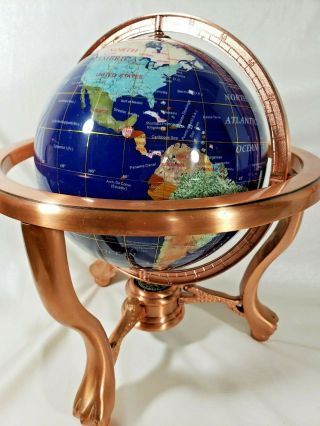 Semi - Precious Gemstone 10 " World Globe Lapis Ocean Brass Stand & Compass 15 "