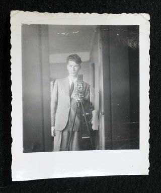Vtg 1940s Abstract Snapshot Photo Young Man Tripod Camera Mirror Self Portrait