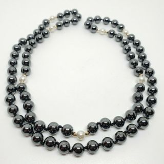 Heavy Vintage Hand Knotted Glass Faux Pearl & Hematite Beaded Strand Necklace