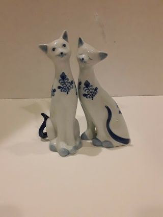 Vintage,  Set Of 2 Andrea By Sadek White W Blue Floral Cats,  6 " In.  Tall, .