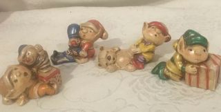 Vtg Set Of 4 Ceramic Christmas Elves With Toys Cute