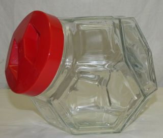 Vintage Mt Plast Italy Hexagon Faceted Tilted Glass Candy Cookie Jar W/ Red Lid