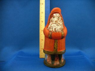 Antique Clear Glass & Tin Toy Santa Clause In Banded Coat Candy Container 1920