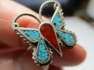 Sterling Silver Estate Vintage Girls Turquoise Coral Butterfly Ring Size 4.  75