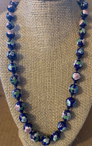 Vintage Chinese Cloisonne Enamel Hand Knotted Blue Beads 26” Necklace.