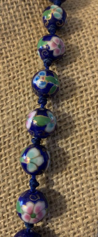 Vintage Chinese Cloisonne Enamel Hand Knotted Blue Beads 26” Necklace. 2