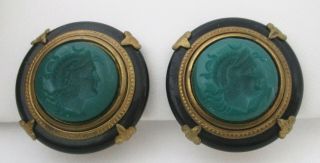 Vintage Reverse - Carved Green Glass Warrior Cameo Earrings
