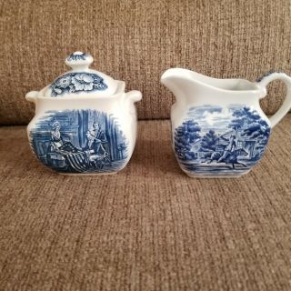 Vintage Liberty Blue Staffordshire Sugar Bowl With Lid And Creamer Set