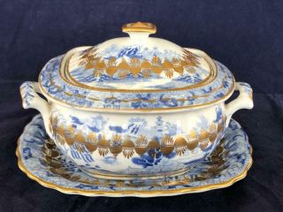 Fine Antique Early English Porcelain Blue Willow & Gilt Lidded Tureen And Stand.