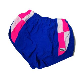 Vintage 90s Asics Tiger Striped Neon Pink Blue Running Shorts Usa Made Size L