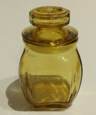 Vintage Small Honey Amber Glass Lidded Apothecary Jar Canister 3 1/2 " Tall