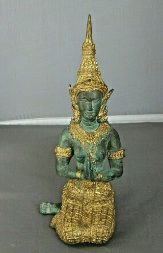 Thai Teppanon/buddhist Angel Statue - Bronze W Gold Gilt - Female - Praying - Antique