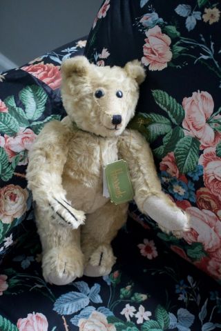 Harrods Knightsbridge Joints Teddy Bear Mohair Beige Green Ribbon Bow 12 inches 2