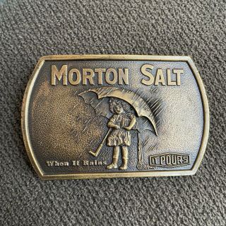 Vintage Morton Salt Girl When It Rains It Pours 1976 Bronze Metal Belt Buckle