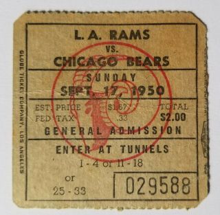 Vintage 1950 La Rams Vs Chicago Bears Football Game Ticket Stub