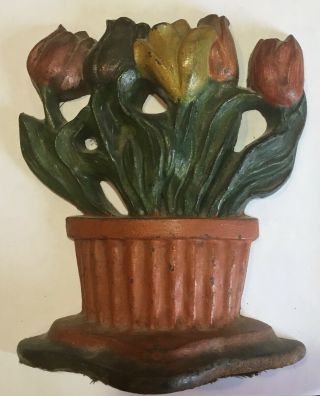 Antique Cast Iron Painted Doorstop Albany Foundry Tulip Flowers In Pot Ex Colors