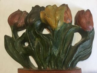 Antique Cast Iron Painted Doorstop Albany Foundry Tulip Flowers in Pot EX COLORS 2
