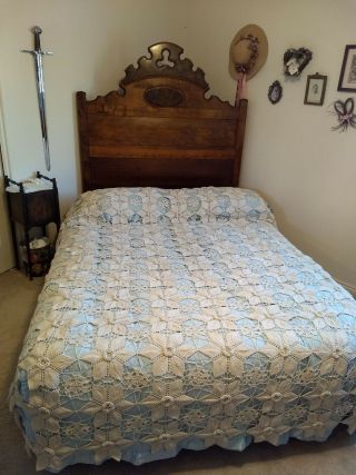 Antique Ecru Crochet Lace Boho Bed Coverlet Bedspread Vintage French Farmhouse