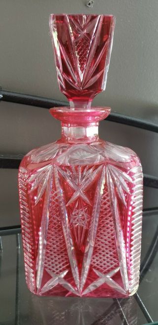Antique Bohemian Glass Ruby Cranberry Red Cut To Clear Heavy Square Decanter