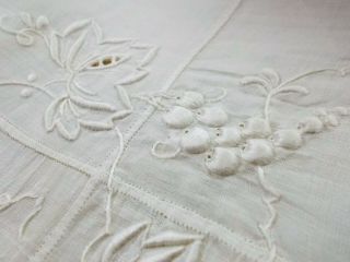 66x104 Vtg Antique White Organdy Linen Madeira Embroidered Grape Vine Tablecloth