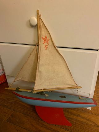 Antique Vintage 1950s Birkenhead Star Yacht - Wooden Pond Toy Sail Boat