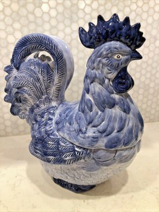 Vintage Blue and White Rooster Cookie Jar Seymour Mann Hand Painted 2
