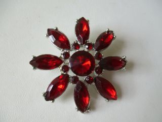 Vintage Large Silver Tone Red Rhinestone Flower Pin Brooch