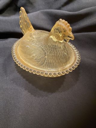 Vintage Indiana Glass Light Yellow Chicken Hen On Nest Covered Dish Usa
