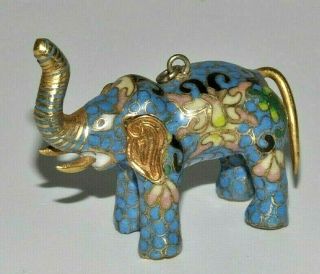 Vintage Brass Cloisonne 4d Elephant Figure Pendant W/ Blue Green Floral Enamel