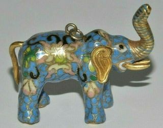 Vintage Brass Cloisonne 4D Elephant Figure Pendant w/ Blue Green Floral Enamel 2