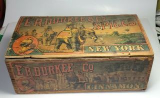 Antique E.  R.  Durkee & Co.  Cinnamon Spice Wood Box W/ Graphics Primitive Ads