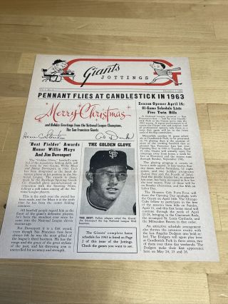 Vintage Dec 1,  1962 Giants Jottings Baseball Newsletter - Vol 4.  No 5 Sf Nl Champs